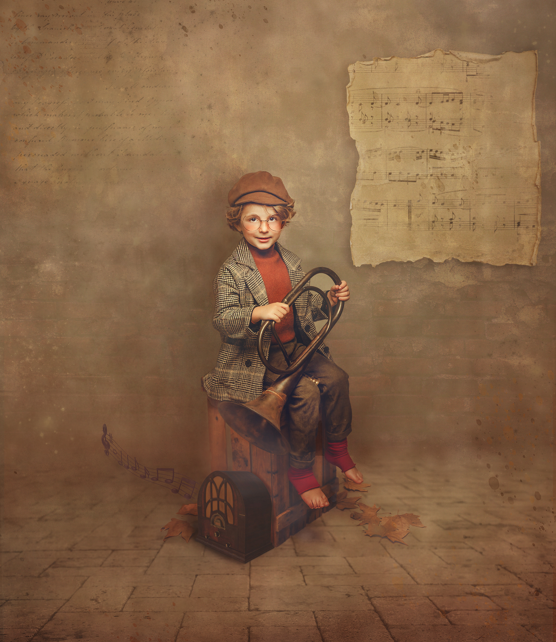 Niño con chaqueta de cuadros en retrato navideño fine art en Getafe