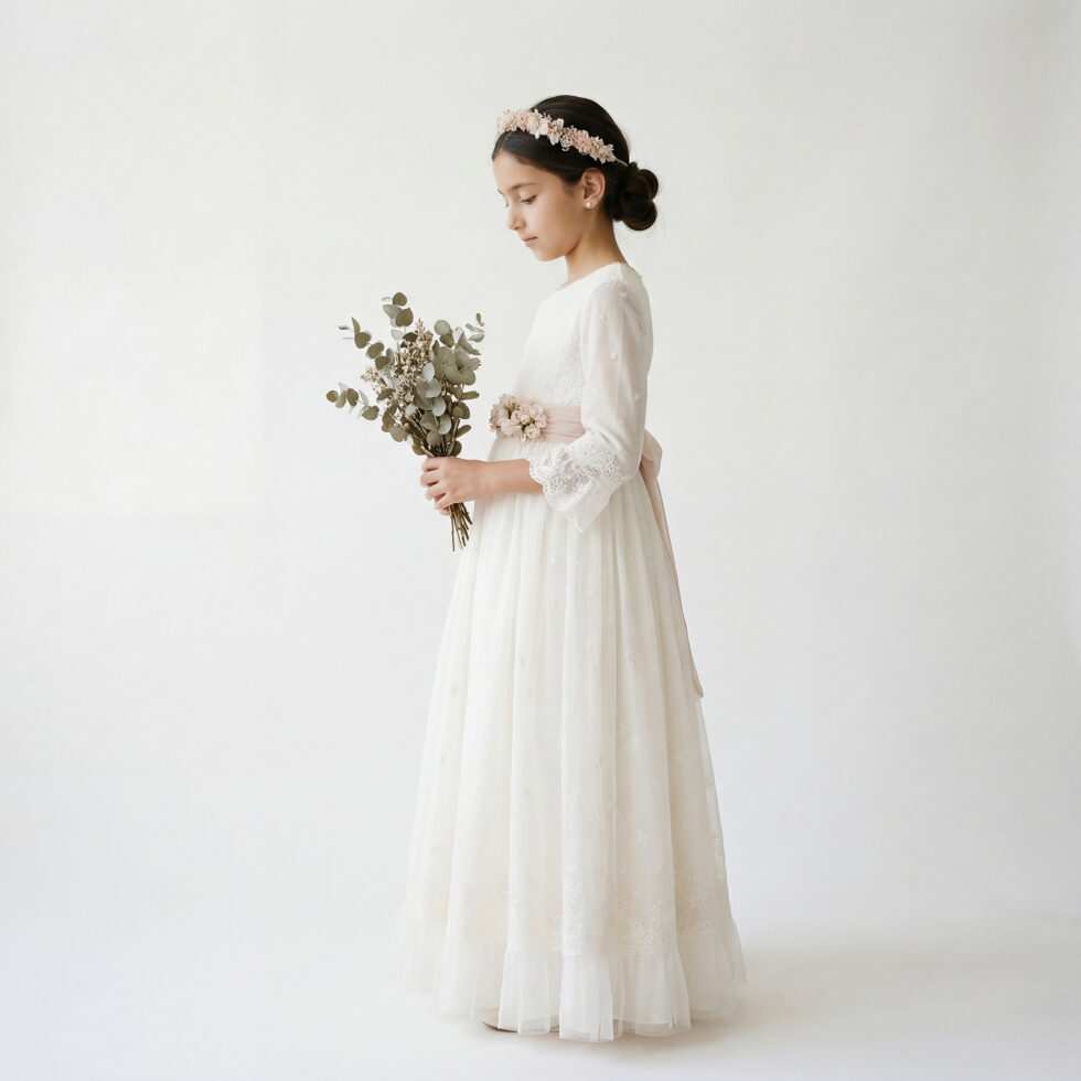 Fotografía de comunión en estudio con fondo neutro realizada en Getafe