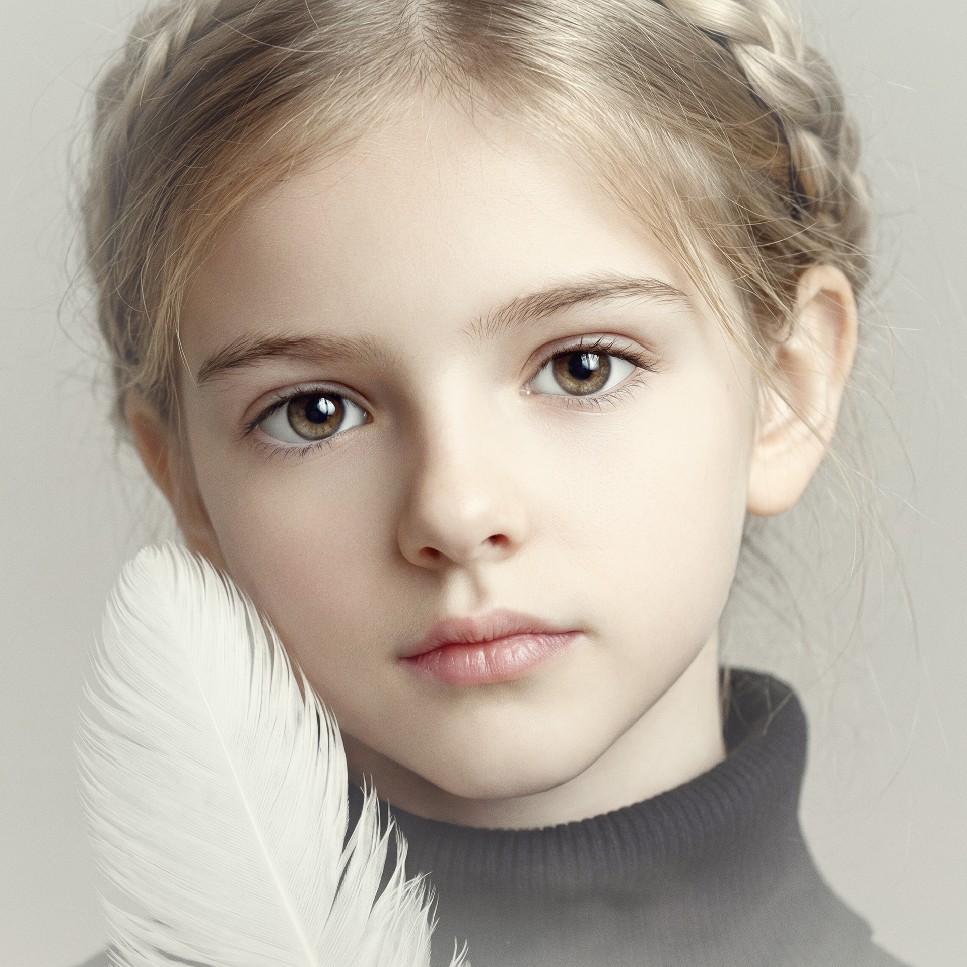 Retrato artístico infantil de niña con pluma blanca en estudio