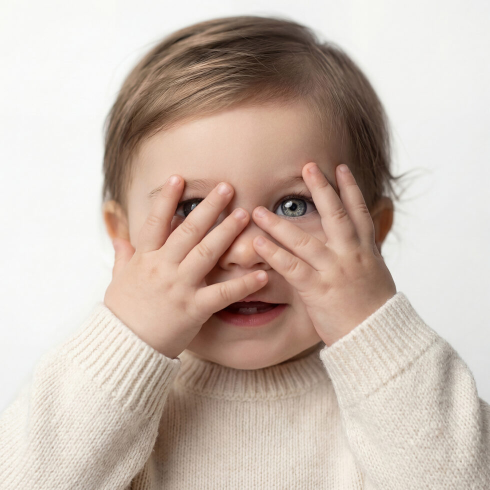 bebé jugando a taparse los ojos durante una sesión de fotos de bebé en estudio fotográfico en Getafe Madrid