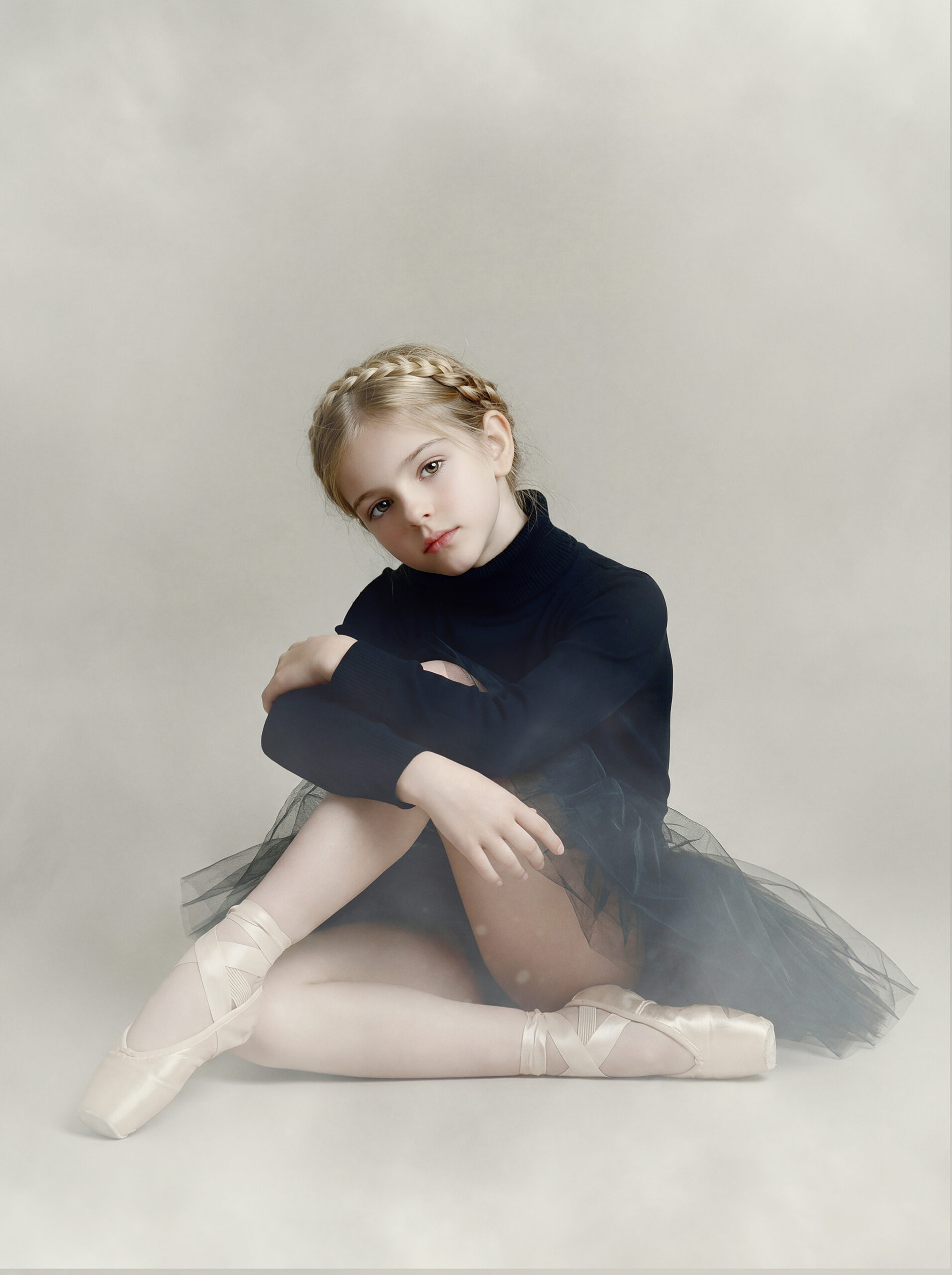 Fotografía infantil artística de ballet con niña en estudio en Madrid