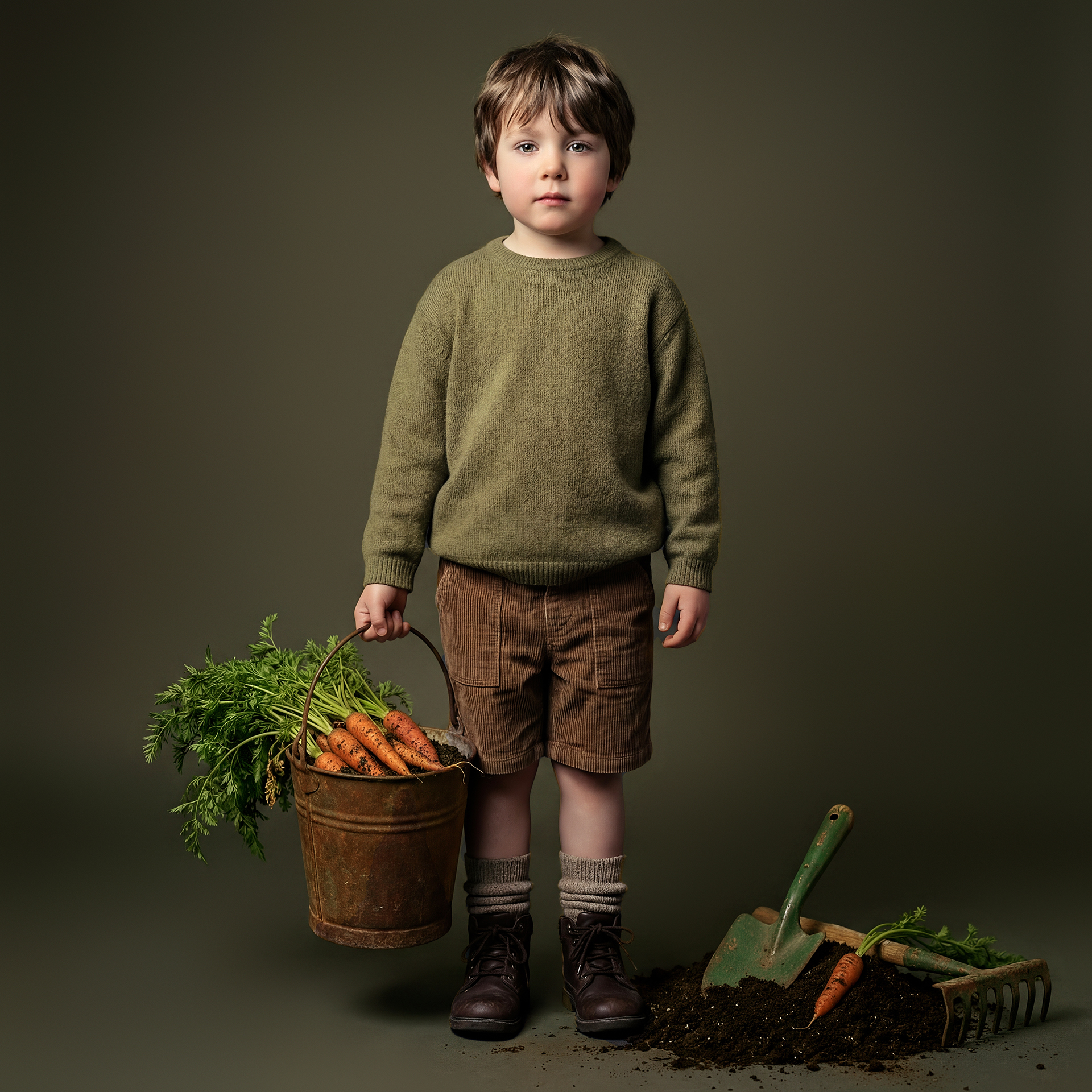 Fotografía artística infantil de niño con cesta de zanahorias y conejo