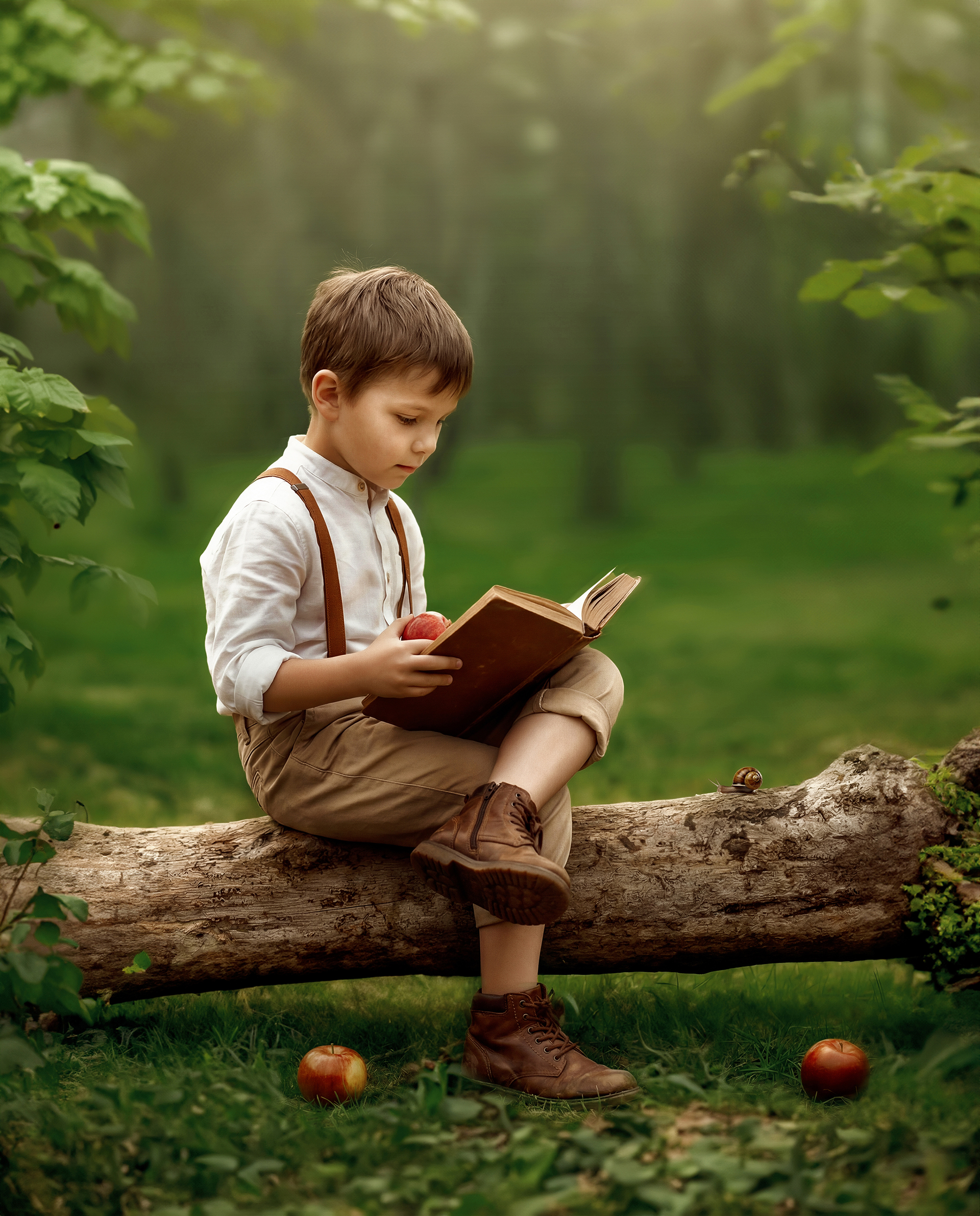 Niño leyendo en el bosque en fotografía infantil artística