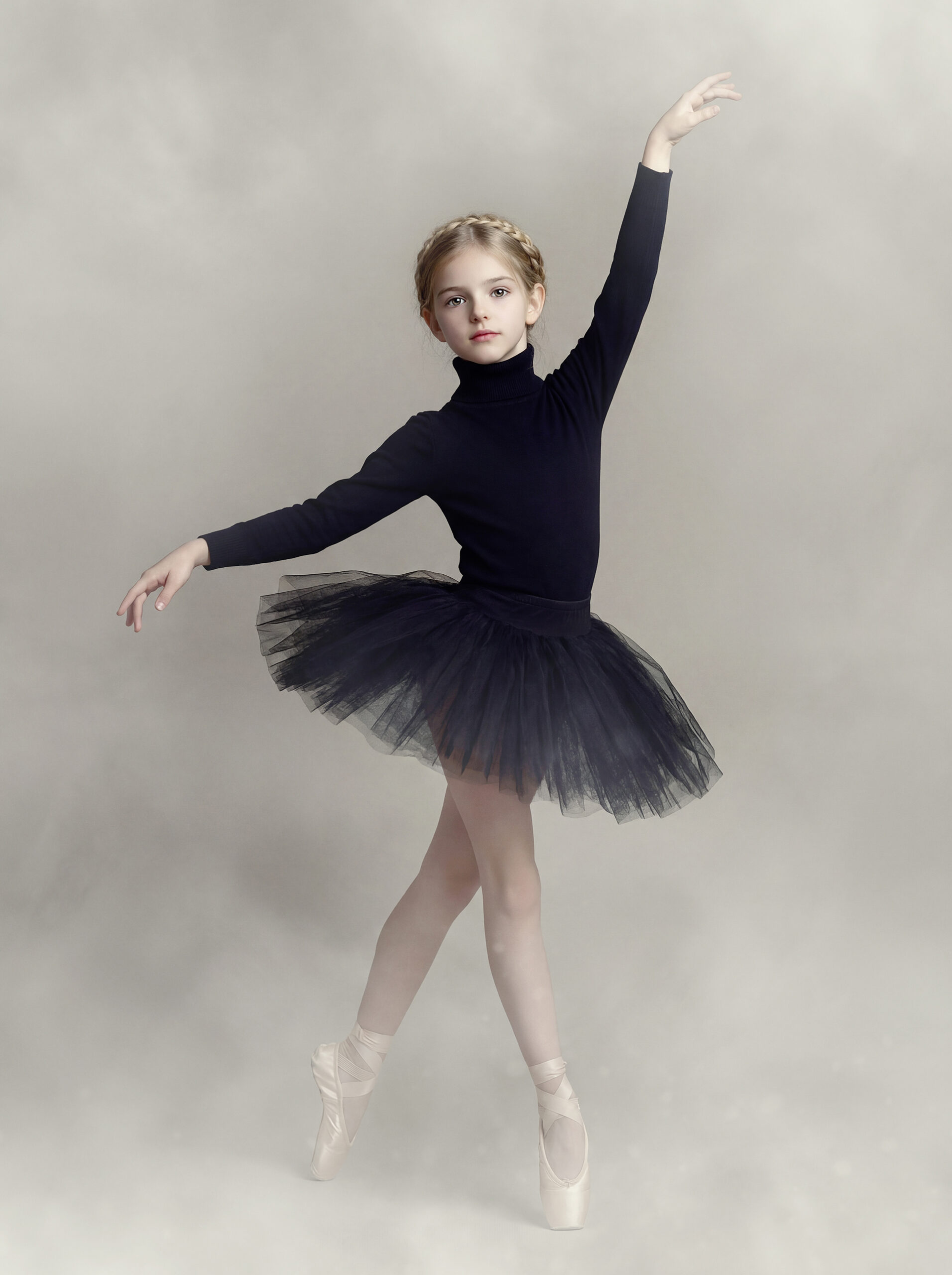 Retrato infantil artístico de niña con cisne en estudio en Madrid