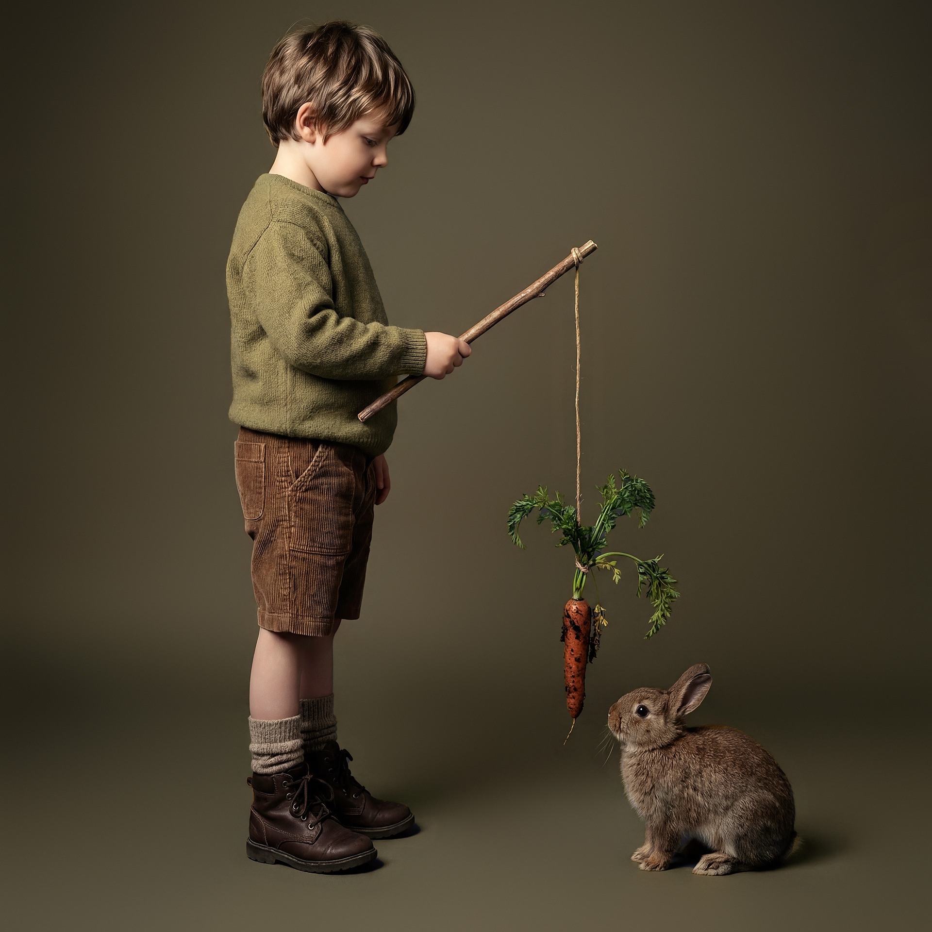 Niño con conejo y zanahoria en retrato infantil artístico de estudio